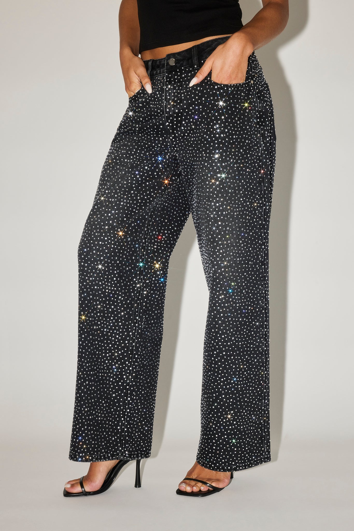 Rhinestone Baggy Low Rise Jean - Washed Black